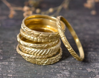 14K Gold Filled Stacking Ring Set: Hammered & Twisted Bands