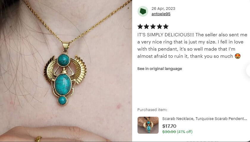 ターコイズスカラベネックレス：エジプト復興期のカブトムシペンダント