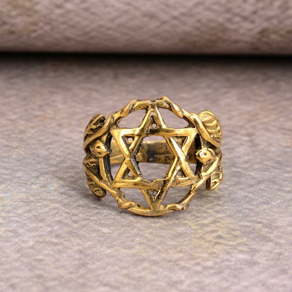 Gold Star of David Ring , Magen David Ring , Jewish Jewelry , Six Wings Kabbalistic Unisex Religious , Spiritual , Minimalist