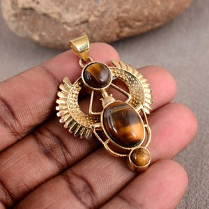 Tiger Eye Scarab Necklace, Gold Vermeil Scarab Necklace, Brown Scarab Pendant, Egyptian Beetle Jewelry