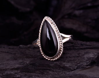 Anillo de obsidiana negra, anillo de piedra preciosa en forma de lágrima, anillo de plata de estornino 925, anillo de obsidiana delicado, regalo personalizado, minimalista, joyería hecha a mano