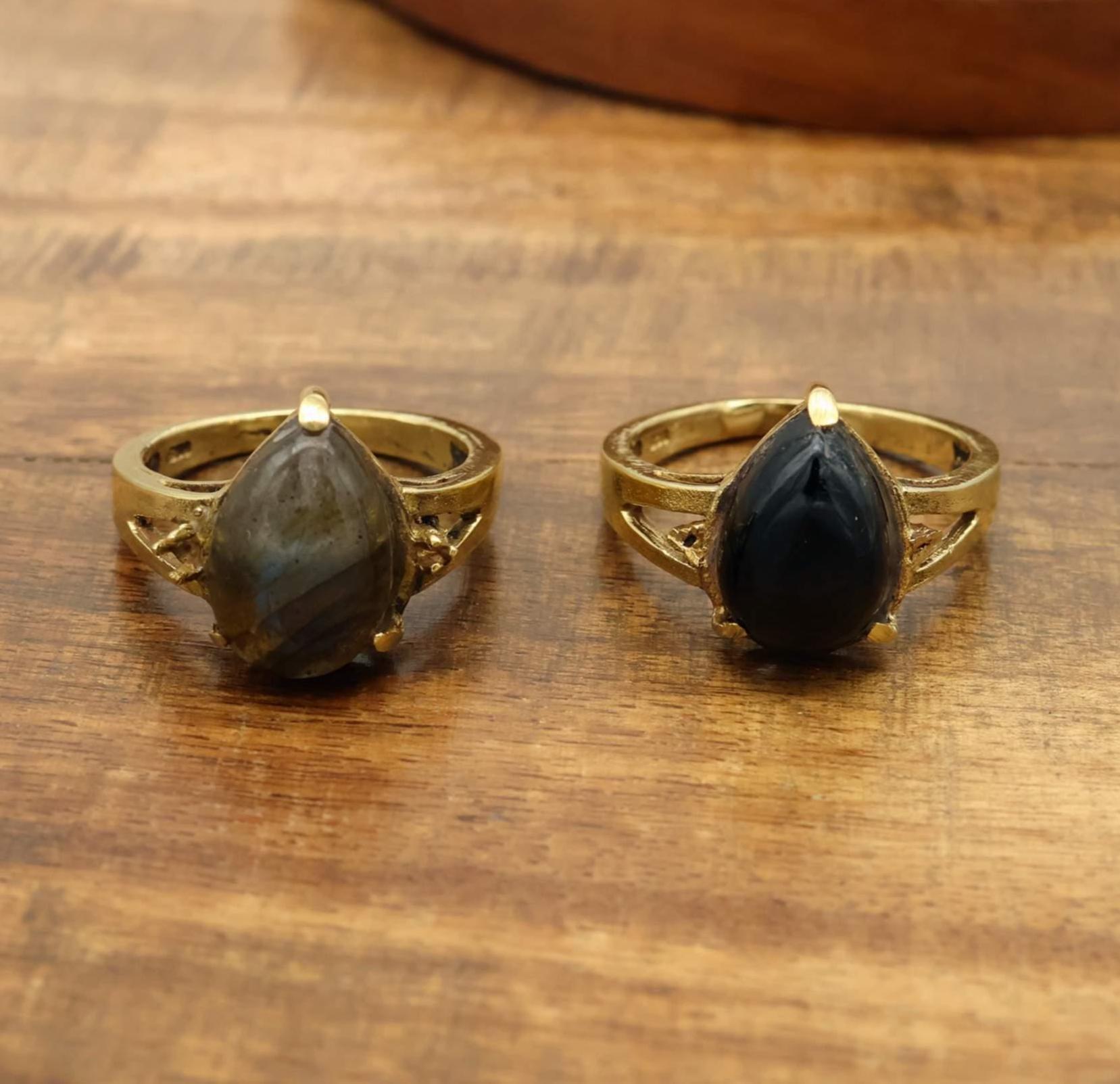 Black Obsidian Gemstone Ring, Labradorite Ring, Marquise Brass 