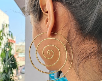 Hammered Gold Brass Spiral Earrings: Spiral of Life Hoops