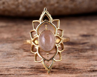 Rose Quartz Brass Ring: Gold Flower Lotus Mandala Ring