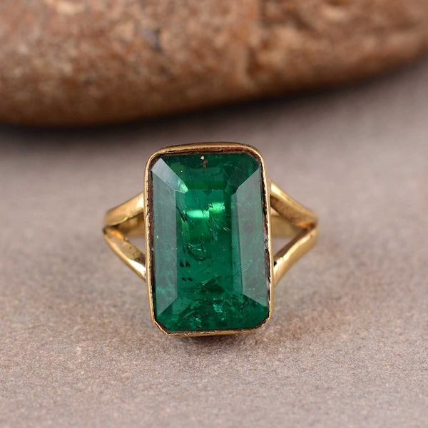 Emerald Ring, Boho Ring, Gold Brass Ring, Square Cut Green Emerald Quartz Gemstone Ring, Handmade Ring