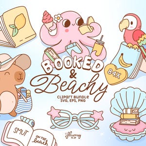 Può includere: Un pacchetto di clipart digitali a tema spiaggia. Include illustrazioni di un polpo con gelato, un pappagallo, un capibara con una bevanda, libri, occhiali da sole e una conchiglia con libri. È incluso anche il testo "Booked & Beachy".