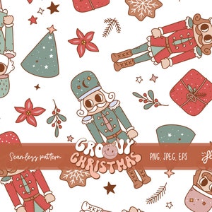 Op de afbeelding: Een naadloos patroon met een feestelijk kerstthema met notenkrakerfiguren, sneeuwvlokken, sterren en een kerstboom. Het patroon is in retro-stijl met een groovy kersttekst.