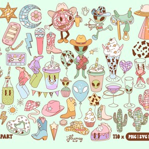 May include: A set of 710 colorful cartoon clipart images featuring aliens, cacti, cowboy hats, ice cream, and other fun designs. The images are perfect for adding a whimsical touch to your projects.
