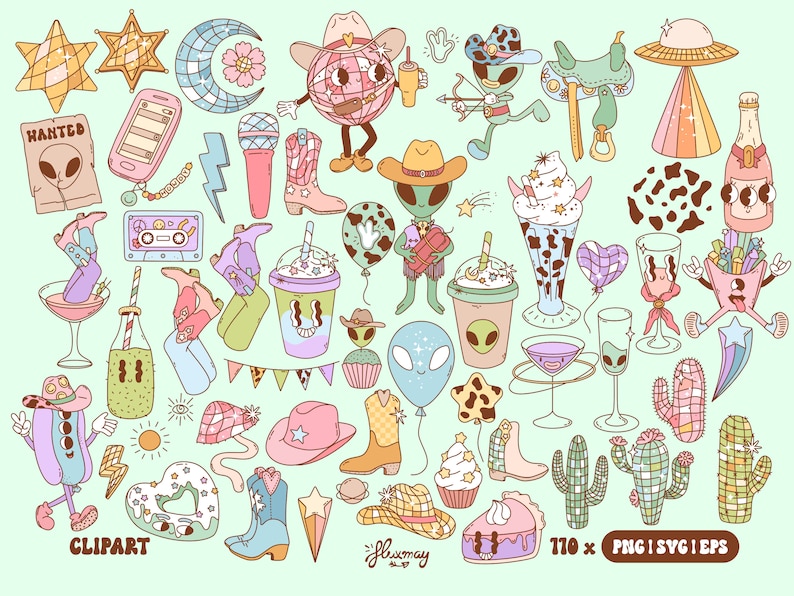 May include: A set of 710 colorful cartoon clipart images featuring aliens, cacti, cowboy hats, ice cream, and other fun designs. The images are perfect for adding a whimsical touch to your projects.
