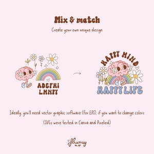 Op de afbeelding: Een roze hersenpersonage met een regenboog en bloemen, met de tekst "HAPPY MIND HAPPY LIFE" in een retro-lettertype.
