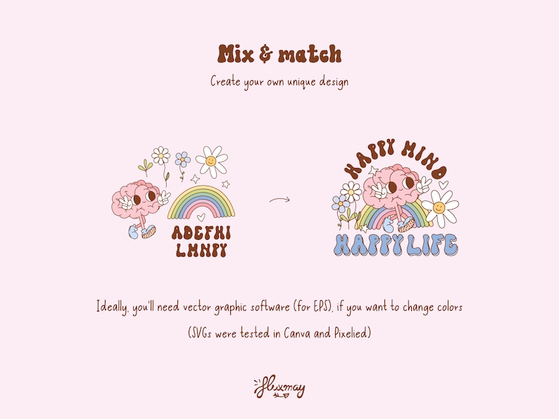 Op de afbeelding: Een roze hersenpersonage met een regenboog en bloemen, met de tekst "HAPPY MIND HAPPY LIFE" in een retro-lettertype.