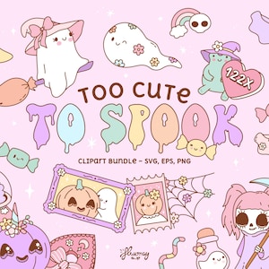 Peut inclure: Ensemble d'éléments de clip art sur le thème d'Halloween sur fond rose. Comprend des fantômes, des citrouilles, des chauves-souris, des bonbons et l'expression "Too Cute To Spook". Disponible en formats SVG, EPS et PNG.