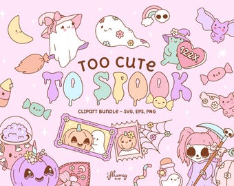 May include: A collection of cute Halloween-themed clip art elements on a pink background. Includes ghosts, pumpkins, bats, candy, and the phrase "Too Cute To Spook". The bundle is available in SVG, EPS, and PNG formats.