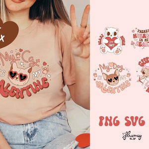 Retro groovy Valentine sublimation design with pets, cupid, and bear. My cat or dog is my Valentine, hearts toadstool mushrooms