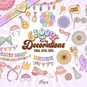 May include: A set of 38 groovy party decorations in a pastel color scheme. The decorations include a peace sign, flowers, rainbows, bows, a party hat, a mustache, a banner that says "Happy Birthday", and more.