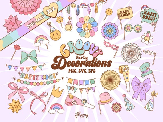 Groovy Party Decorations Clipart Bundle: Retro Birthday PNG, SVG, EPS