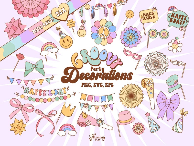 May include: A set of 38 groovy party decorations in a pastel color scheme. The decorations include a peace sign, flowers, rainbows, bows, a party hat, a mustache, a banner that says "Happy Birthday", and more.