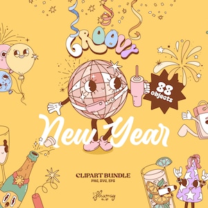 Bundle de cliparts nouvel an groovy rétro, personnages de fête drôles - nourriture et boissons, illustrations vectorielles, bonne année - PNG, EPS, SVG
