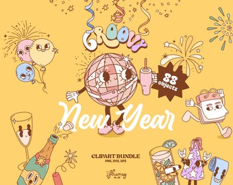 Happy New Year Clipart Bundle: Retro Groovy Party. Fun Party Characters. Cute New Year Clip Art. Drinks, Disco Ball, Confetti |PNG, EPS, SVG
