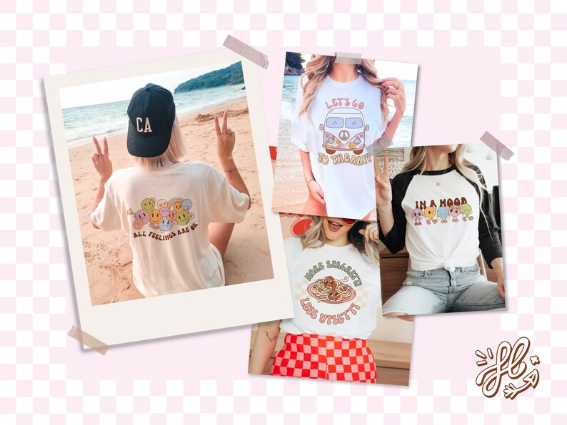 Op de afbeelding: Een collage van vijf verschillende T-shirt-ontwerpen met verschillende illustraties en tekst. De ontwerpen omvatten een regenboog van smiley-gezichten met de tekst "Alle gevoelens zijn ok&eacute;", een vintage busje met de tekst "Laten we naar het strand gaan", een groep smiley-gezichten met de tekst "In een bui", een bord spaghetti met de tekst "Meer spaghetti, minder stress" en een krabbel van een smiley-gezicht met een hart en een pijl.