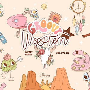 Groovy Western Retro clipart bundle, positive vibes vector set, cowboys and cowgirls sublimation designs, Desert Animals PNG, SVG, EPS