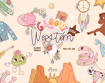Puede incluir: Un conjunto de clipart de temática western groovy con un cactus, una serpiente, un sombrero de vaquero, un atrapasueños y mucho más. El clipart está disponible en formatos PNG, SVG y EPS. El texto "Groovy Western" está escrito en una fuente retro colorida.