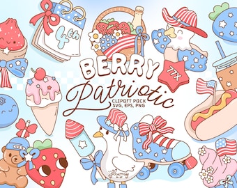 Berry Patriotic: 4th of July Clipart Bundle Png | Cute USA Summer Graphics | Retro Fourth of July Americana Girlies | Coquette Patriotic SVG