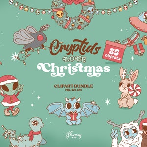 Cute Cryptid Christmas clipart bundle, Groovy retro characters, Chibi Cryptids, vector illustrations set, Merry Cryptmas
