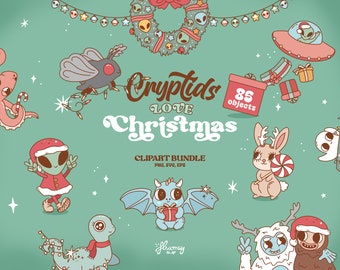 Christmas Cryptids clipart bundle, Cute Monsters characters, Chibi Cryptid, vector illustrations set, Merry Cryptmas Digital Stickers