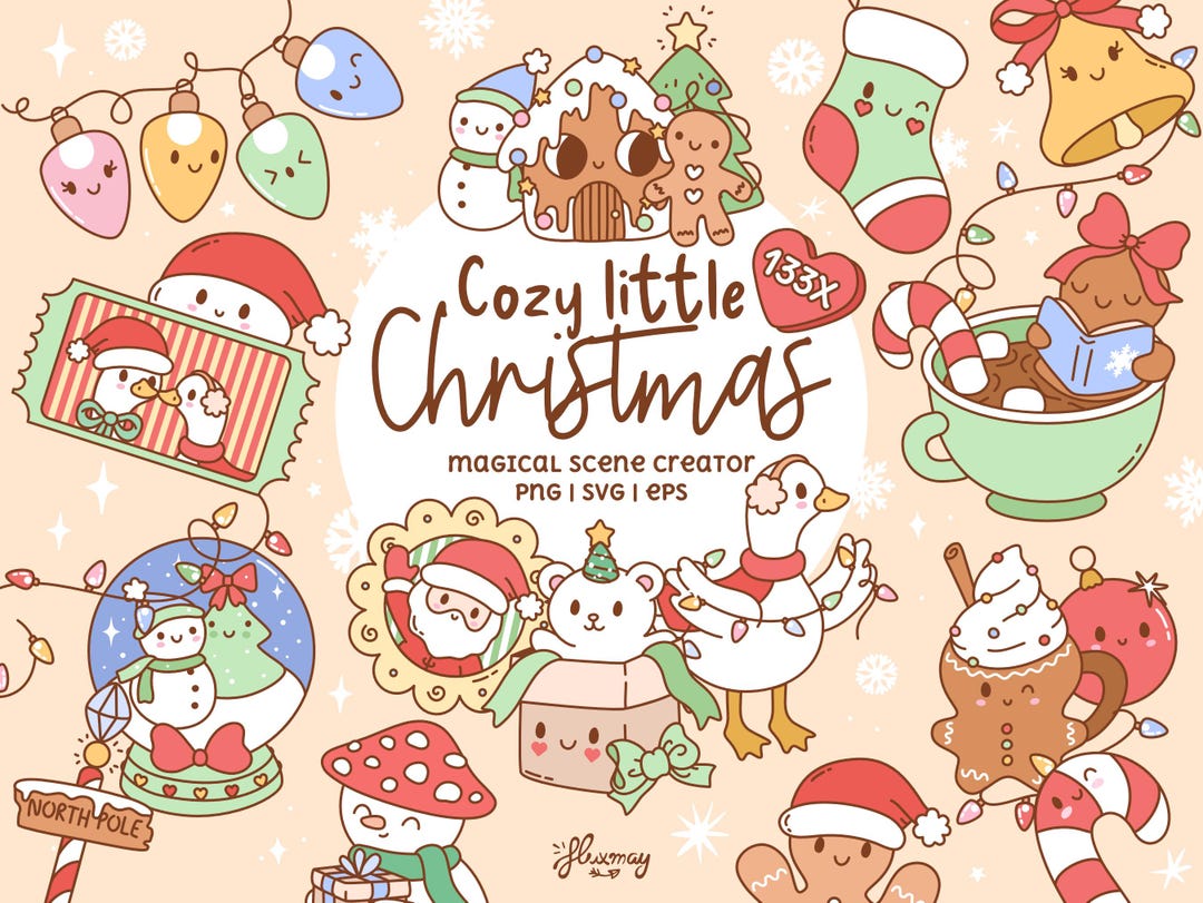 Cozy Little Christmas - Retro Christmas Clipart Bundle. Kawaii Winter ...