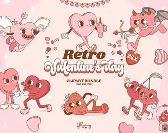 Retro Valentine&#39;s Day clipart bundle, groovy fun romantic characters for sublimation, print, commercial use. PNG, EPS, and SVG digital files