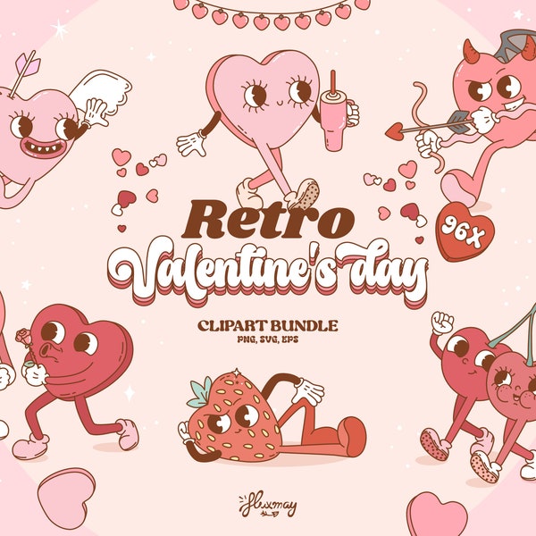 Retro Valentine's Day clipart bundle, groovy fun romantic characters for sublimation, print, commercial use. PNG, EPS, and SVG digital files