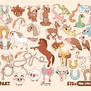 May include: A set of 272 western-themed clipart illustrations. The illustrations include horses, cows, snakes, birds, horseshoes, saddles, and more. The illustrations are in a cartoon style and are perfect for use in digital projects.