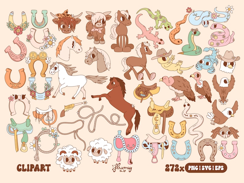 May include: A set of 272 western-themed clipart illustrations. The illustrations include horses, cows, snakes, birds, horseshoes, saddles, and more. The illustrations are in a cartoon style and are perfect for use in digital projects.