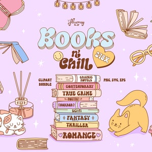 Pacote de clipart retrô groovy Books and Chill, conjunto de vetores de vibrações positivas, designs de sublimação de livros, para amantes de livros PNG, SVG, EPS, Chilling