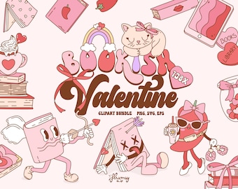 Groovy Bookish Valentine&#39;s Day clipart bundle, Retro Valentine Books vector set, Groovy Teacher PNG, SVG, EPS sublimation, Love Library