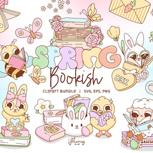 Könnte beinhalten: Ein digitales Clipart-Bundle mit Frühlings- und Buch-Thema. Das Design zeigt niedliche Illustrationen von Hasen, Bienen, Küken und einem Lamm, das Bücher liest, zusammen mit Schmetterlingen, Blumen und dem Text "SPRING Bookish". Enthält SVG-, EPS- und PNG-Dateien.