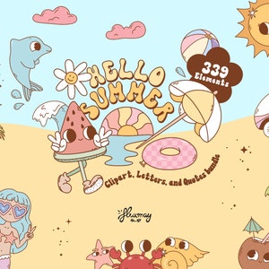 Retro Groovy Summer Vacation sublimation clipart bundle, positive vibes vector, cute boho hippie design, groovy characters