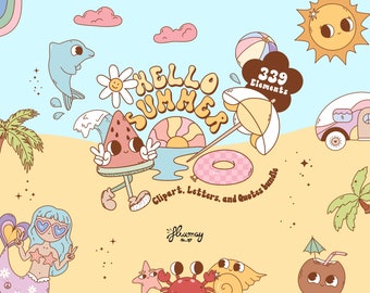 Retro Groovy Summer Vacation sublimation clipart bundle, positive vibes vector, cute boho hippie design, groovy characters