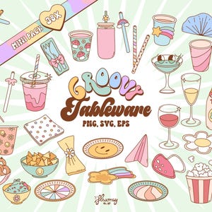Pode incluir: Um conjunto de 38 ilustrações de mesa de estilo retro groovy em rosa, azul, verde, amarelo e marrom. As ilustrações incluem pratos, xícaras, guardanapos, canudos e uma garrafa de champanhe. O texto "Groovy Tableware PNG, SVG, EPS" está incluído na imagem.
