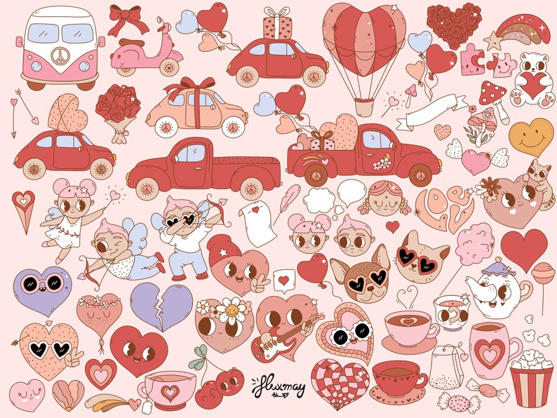 Retro Groovy Valentine Clipart Bundle. Valentine's Day Cute Kawaii PNG ...