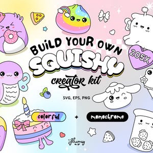 Squishy Clipart Bundle: Character Creator (PNG, SVG, EPS) | Kawaii Plush Animals, Squishies Dumplings, Food, Mascot Builder Kit