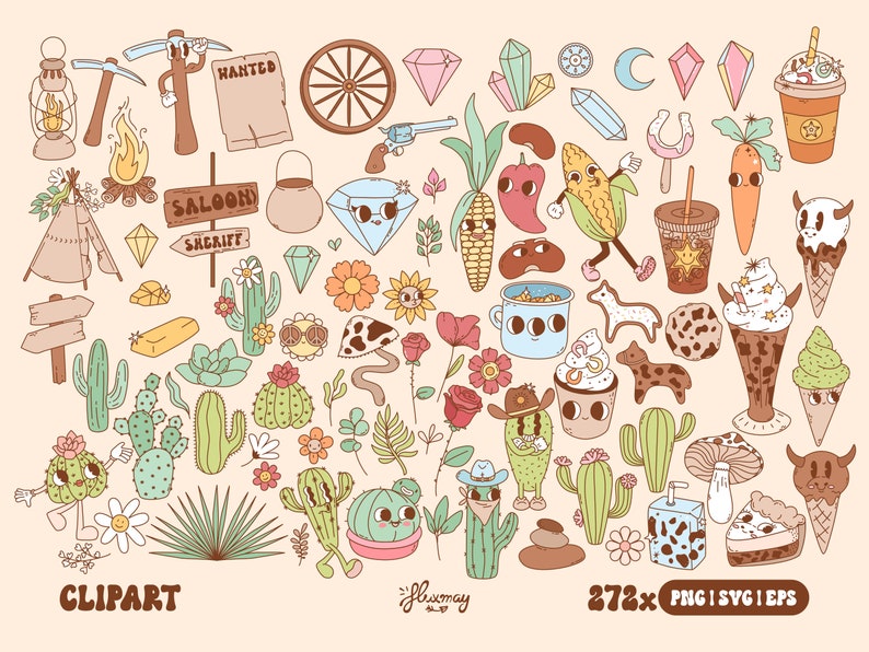 May include: A set of 272 cartoon illustrations in a western and desert theme. The illustrations include cacti, flowers, a saloon sign, a wanted poster, a cowboy hat, a campfire, a horseshoe, a moon, a diamond, a cup of coffee, a milkshake, a cactus, a cow, a mushroom, a corn cob, a chili pepper, a carrot, a lantern, a pickaxe, a wagon wheel, a bucket, a teepee, a cookie, a ice cream cone, and a carton of milk. The illustrations are in a variety of colors, including brown, green, red, yellow, blue, and pink.