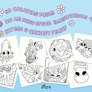 Puede incluir: Un conjunto de 50 p&aacute;ginas para colorear dibujadas a mano con ilustraciones de criaturas marinas. Las p&aacute;ginas presentan varios animales marinos, con el texto "Stress & anxiety relief" sobre un fondo azul claro.