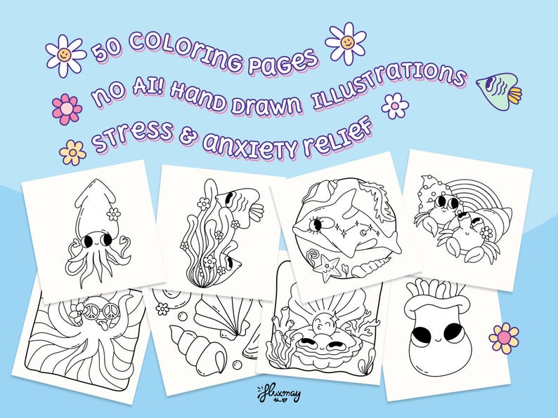 Puede incluir: Un conjunto de 50 p&aacute;ginas para colorear dibujadas a mano con ilustraciones de criaturas marinas. Las p&aacute;ginas presentan varios animales marinos, con el texto "Stress & anxiety relief" sobre un fondo azul claro.