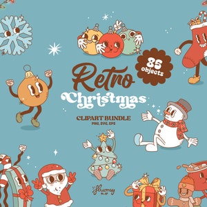 Retro Christmas clipart bundle, Groovy retro characters, vector illustrations set, cute winter animals, festive ornaments, PNG, EPS, SVG