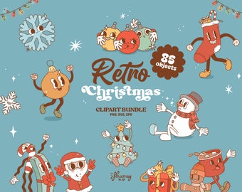 Op de afbeelding: Een set van 85 retro kerstclipart-illustraties met een verscheidenheid aan feestelijke personages en objecten, waaronder een sneeuwpop, een kous, een kerstboom, een peperkoekman en een kerstman. De illustraties zijn in een vintage stijl met felle kleuren en dikke contouren.