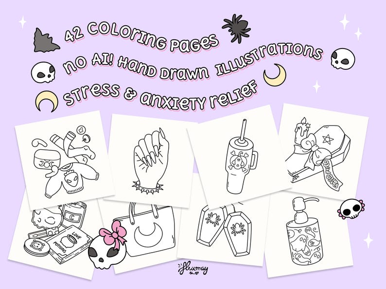 May include: A set of 42 hand-drawn coloring pages designed for stress and anxiety relief. The illustrations include gothic and spooky themes, such as a hand with long nails, a skull with a bow, and a coffin. The text on the image says "no AI! Hand Drawn ILLUSTRATIONS".