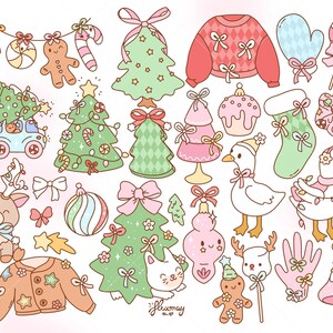 May include: A collection of whimsical Christmas-themed illustrations. The image features a variety of festive elements, including Christmas trees, ornaments, a reindeer, a gingerbread person, and a sweater, all in a cute, cartoon style with pastel colors.