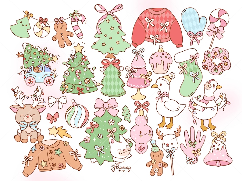 May include: A collection of whimsical Christmas-themed illustrations. The image features a variety of festive elements, including Christmas trees, ornaments, a reindeer, a gingerbread person, and a sweater, all in a cute, cartoon style with pastel colors.